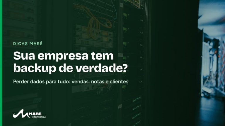 Rack de servidores, com o título “Sua empresa tem backup de verdade?”