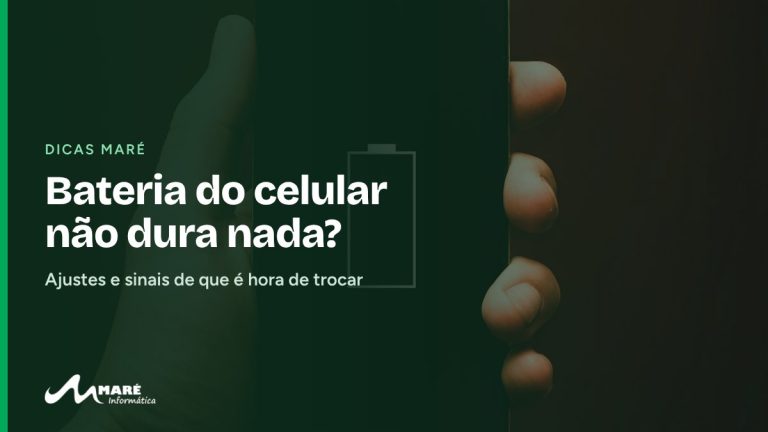 Mão segurando um celular, com o ícone de bateria e o título “Bateria do celular não dura nada?”