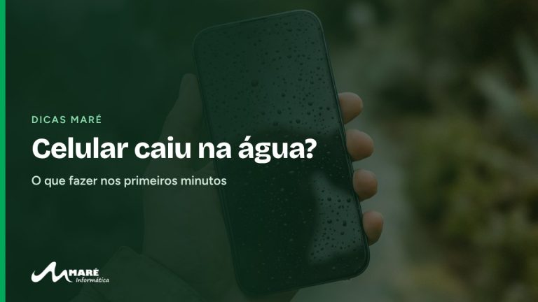 Celular molhado na mão, com o título “Celular caiu na água?”