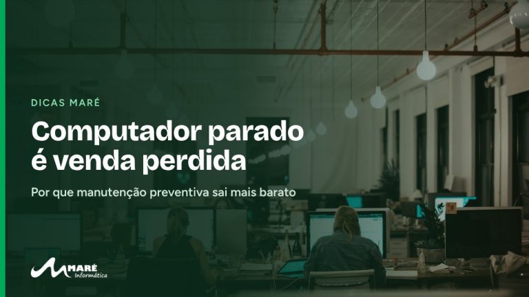 Escritório com pessoas trabalhando no computador, com o título “Computador parado é venda perdida”