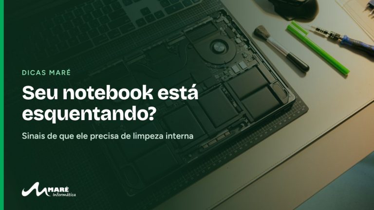 Notebook aberto na bancada com ferramentas, com o título “Seu notebook está esquentando?”